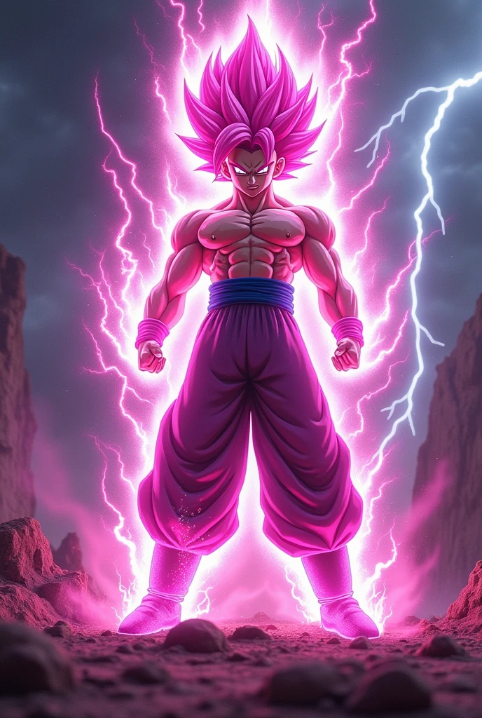 Create a completely new and advanced super saiyan form with magenta hair, magenta and magenta aura