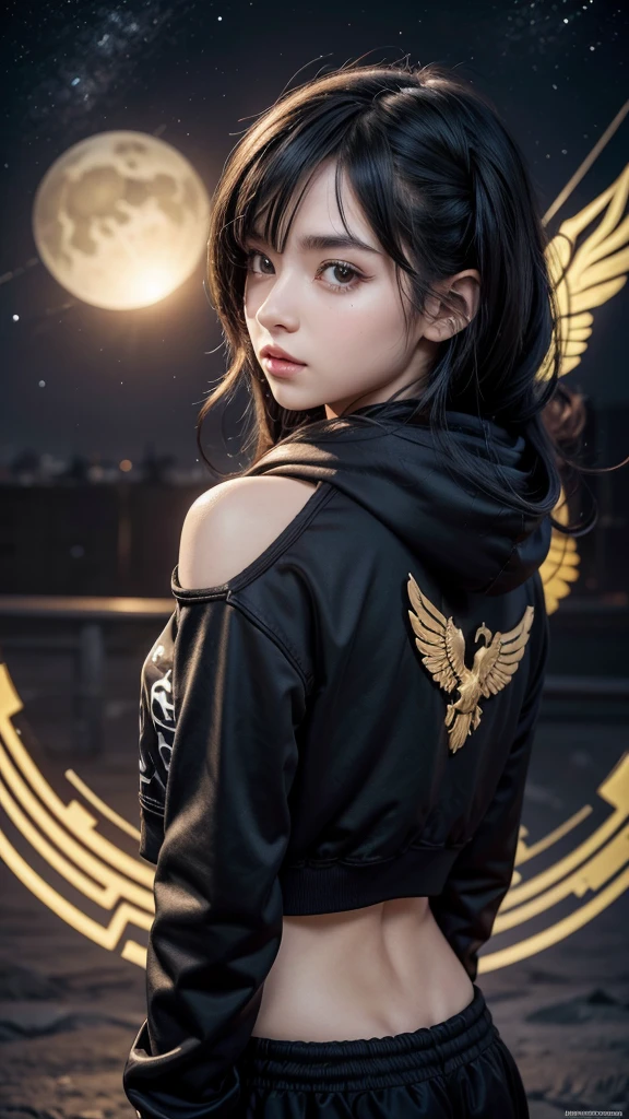 There is a woman with wings behind her shoulder blades, and a planet in the background, 3D rendering of a cute anime girl, de Trevor Brown, unknown zodiac sign, inspired by Illarion Pryanishnikov, black hair girl, Colombian brunette, with hoodie, Full lips long black hair trend in artstaion, qifenglin, poster, technological clothing, low angel