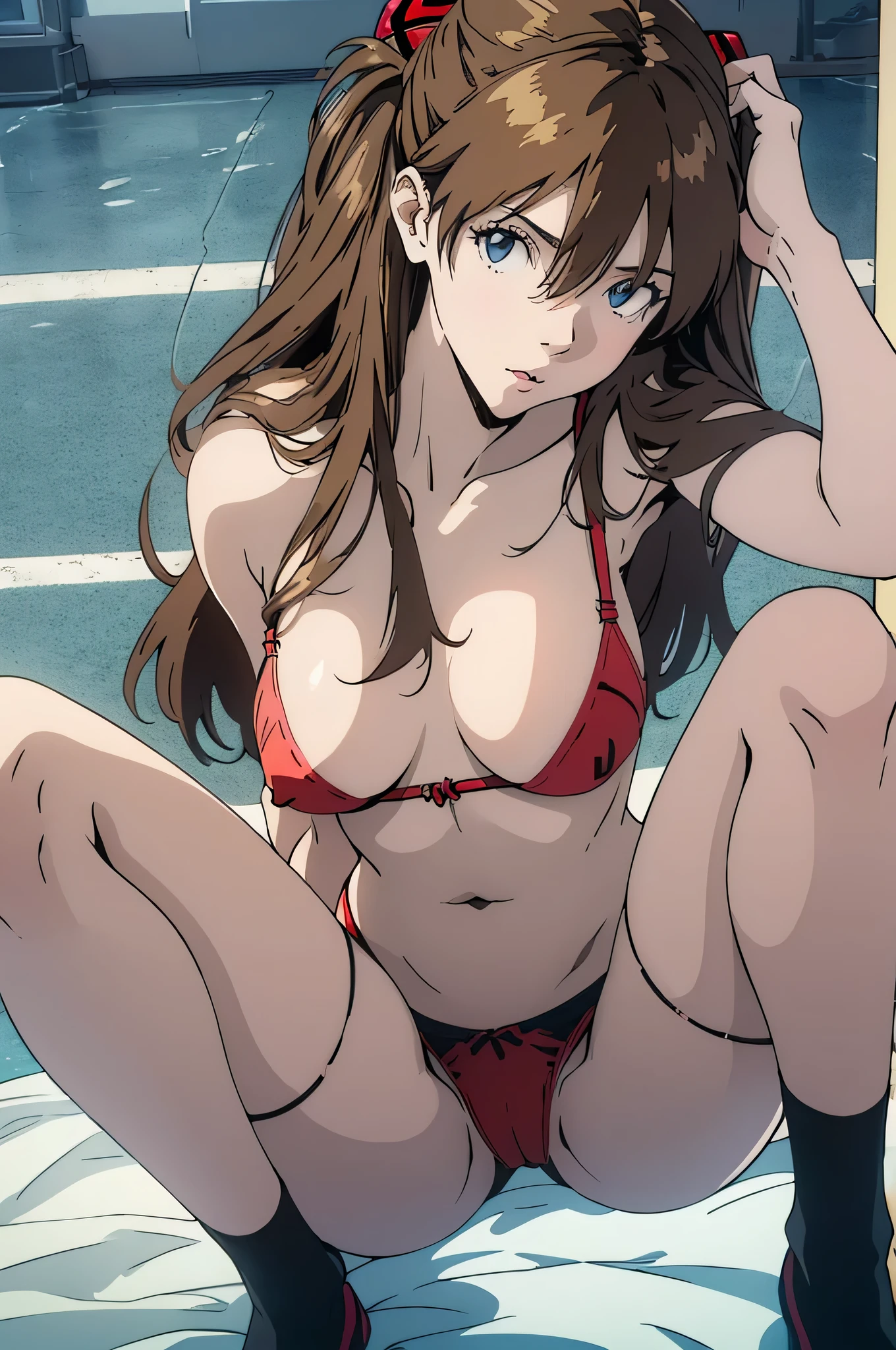 hair band, Medium Hair, ribbon, socks,Eye patch,,((((Highest quality, 8k, 32K, masterpiece, 超High resolution: 1.2)))),EvangelionAsuka,Delicate and smooth skin, Realistic Skin, Perfect and beautiful face, Perfect pretty face, (From above: 1.2), , (Thin black underwear, Fleshy pubic area, Beautiful nipple exposure: 1.4)), See-through red micro bikini, Are standing)), Glowing Skin, Beautiful waistline, masterpiece, Highest quality, High resolution, alone, Big Breasts, indoor, Out-of-position good, Thong, (arrival: 1.2),,,,Disheveled underwear, Shortness of breath, An invitation to sexual expression, Single women, Light good,,, Cleavage, close your eyes, lips, Long Hair, Open your mouth, photograph_, pink_good,,(masterpiece),(Photorealistic: 1.3), NFSW, Super detailed, (Skin with attention to detail: 1.2), (Highest quality: 1.0), (超High resolution: 1.0), (Highest quality, 8k, 32K, masterpiece, 超High resolution: 1.2), ((Spread your legs)), float your hips 1 person, 1 person, Asuka, Red clothes, Evangelion, 8k, Highest quality,, woman on top, on bed, squatting, spread legs, knees away, pussy juice stain,Orgasm:1.3,