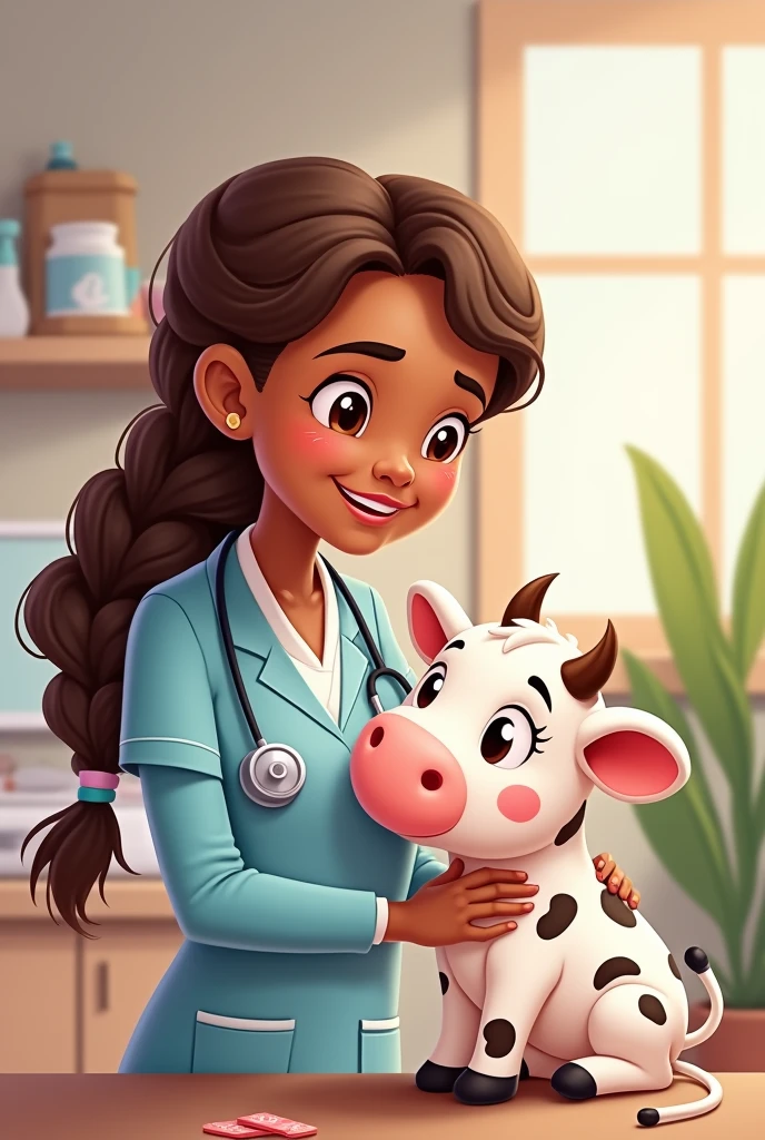 Create a cartoon drawing of a veterinarian with long braided hair , Medium complexion and a baby cow