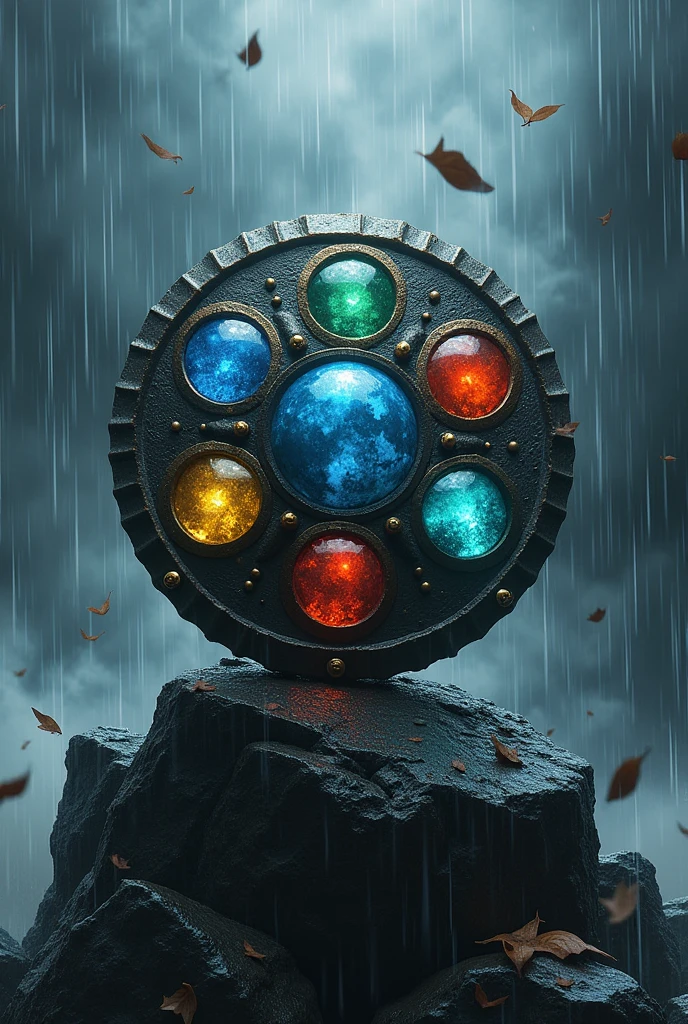  Earth symbolic included  shield on black rock with heavy rain and thunder weather condition, There should be five different gems on the shield. With some leafs on flaying on air with heavy rain 