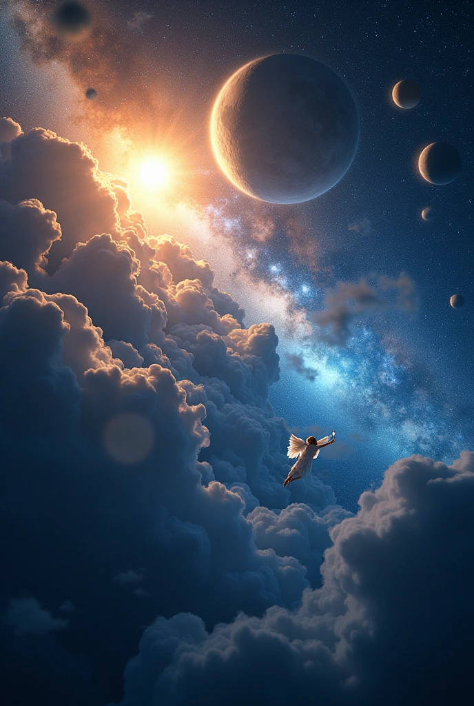 create an image of the Milky Way where the sun shines radiantly and the moon stands out among planets and blue stars with some angels flying and sounding trumpets