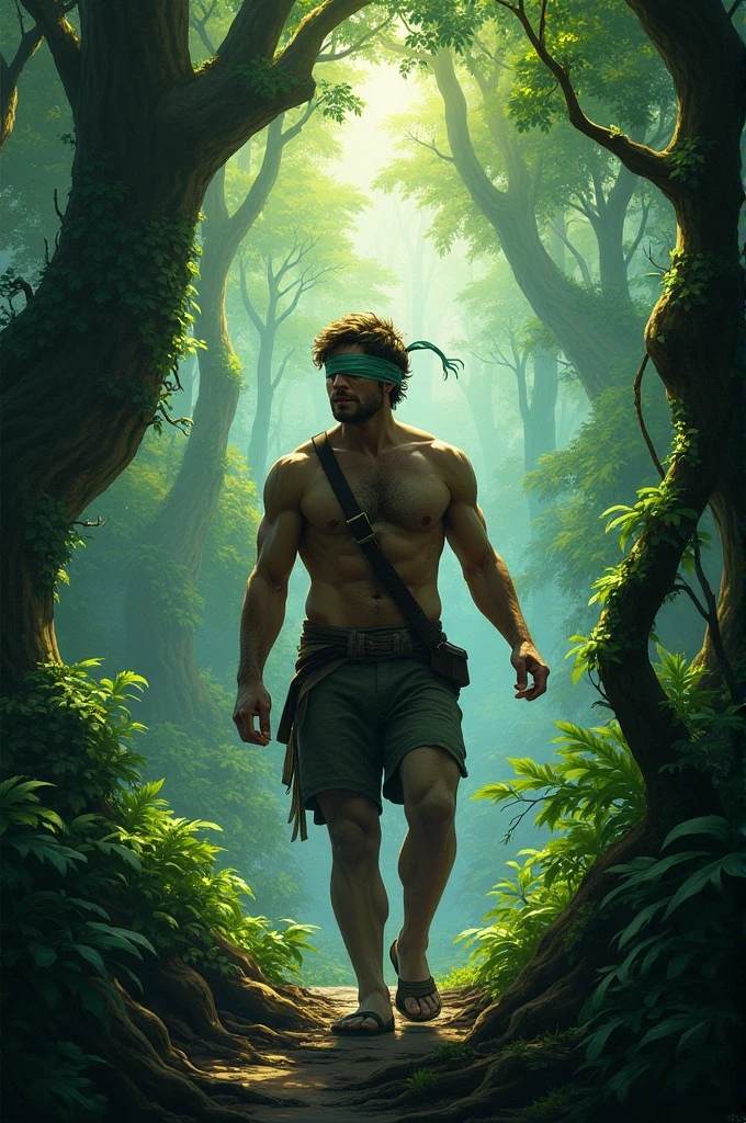 Blindfolded man in the jungle