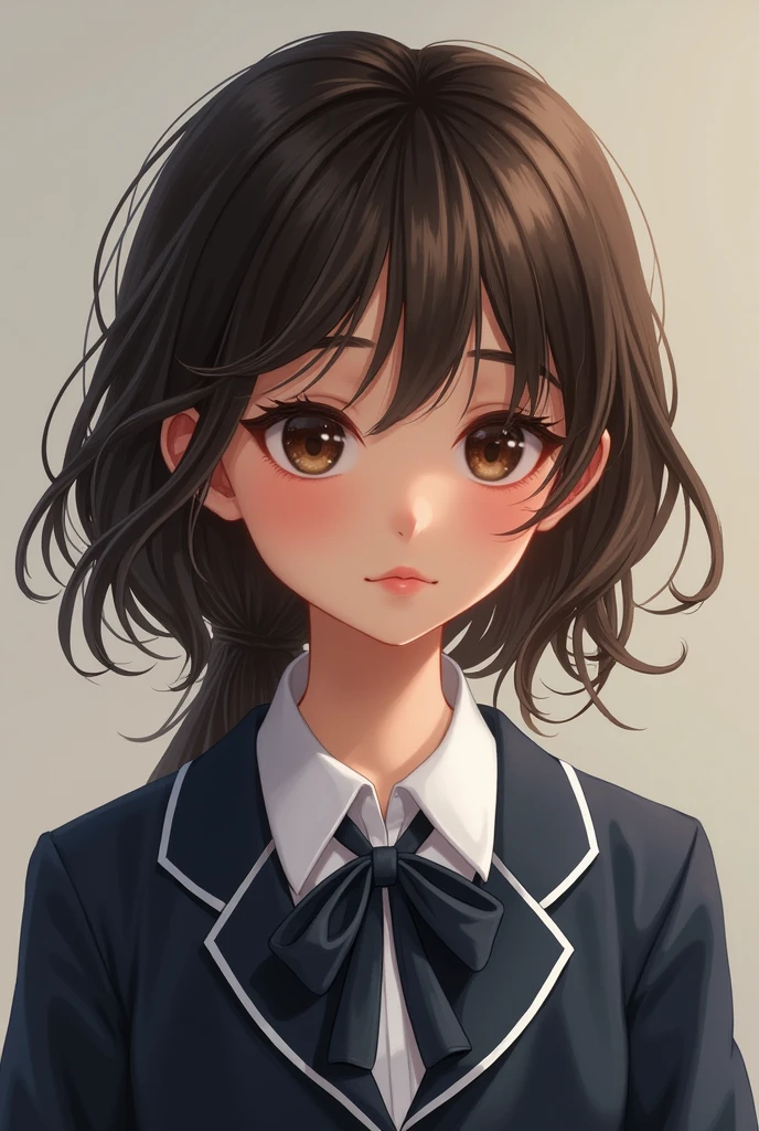 One with dark brown wavy hair, with dark brown eyes, with a school uniform