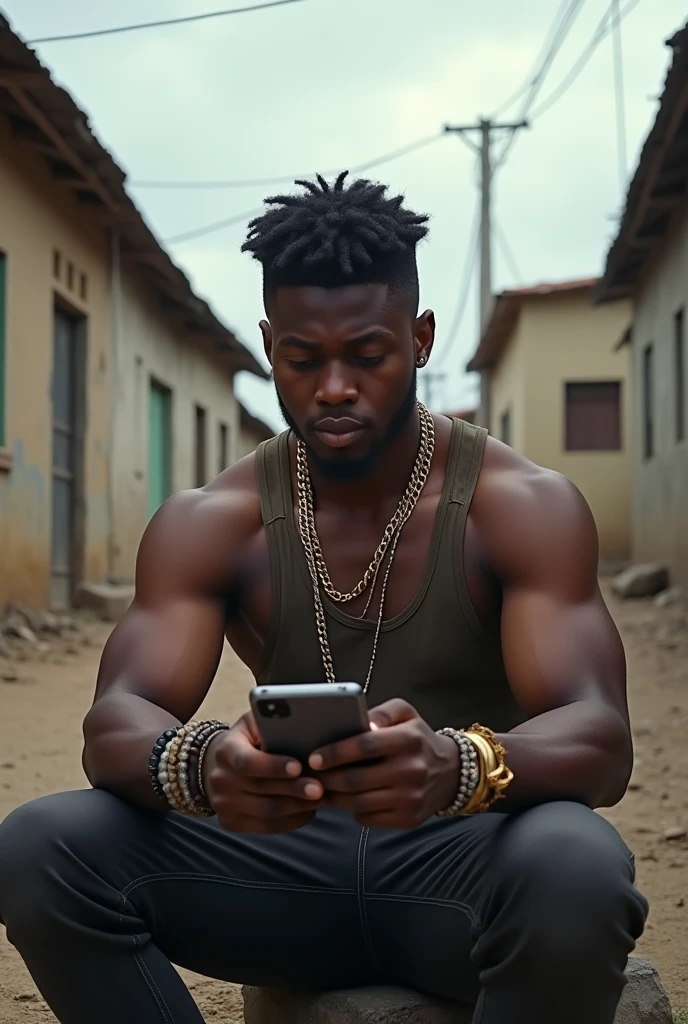 Black boy play PUBG mobile out side to home the background is so poor the boy is so rich and body builder and he have airpod pro and he smoking ganja the phone is iphone pro max 