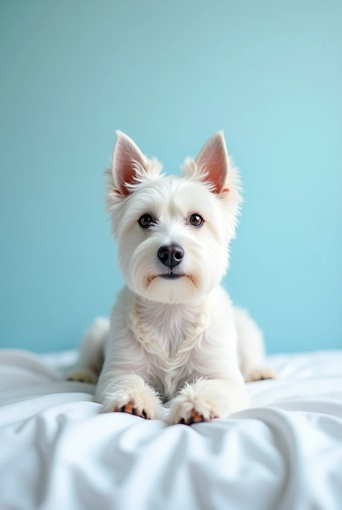 image where a white terrier (dog) He is lying on a bed with his front paws in front, que salga el dog completo, that serves as a model for a logo for a toilet paper brand and a sky blue background


