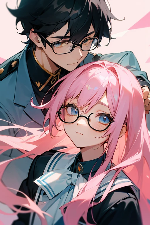 Two men and women、Seniors and juniors、The age difference is one、Childhood friend、The boy is a handsome man with black hair, light blue eyes, a school uniform, and glasses.、The girl has long light pink hair, yellow eyes, is in a uniform, and has a bright and kind expression.、