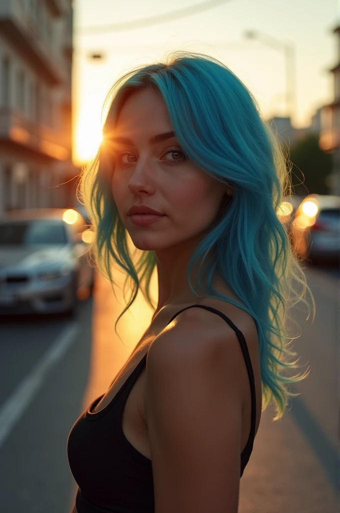 russian woman, 20 year, hair blue, streets of Brazil, sunset, 