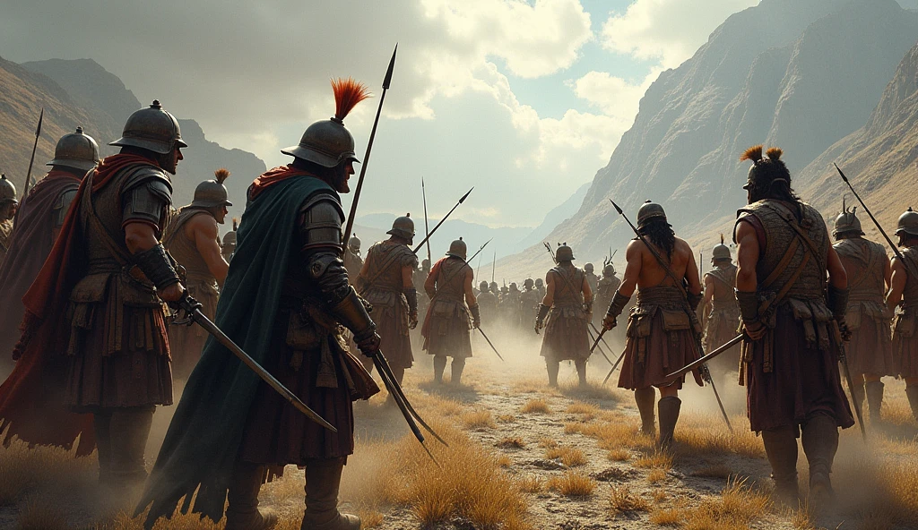 Europeans versus Indians. Leave the left side and top half of the image empty for text placement. realistic styling, high resolution.”