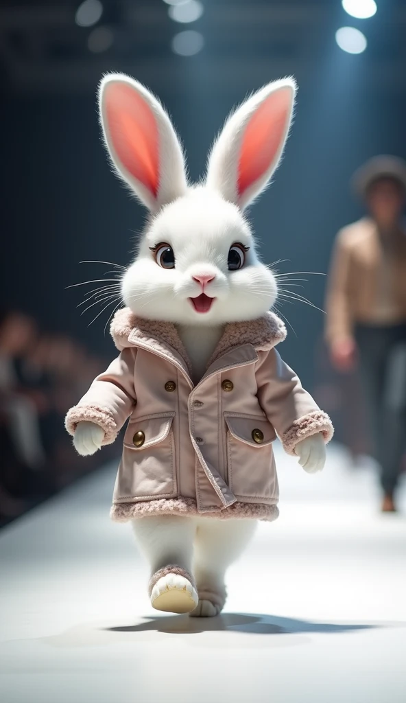 A cute little white rabbit,Smiling,Very confident wearing fashionable style showing on the catwalk,The background is the catwalk. HD camera captures scene images.