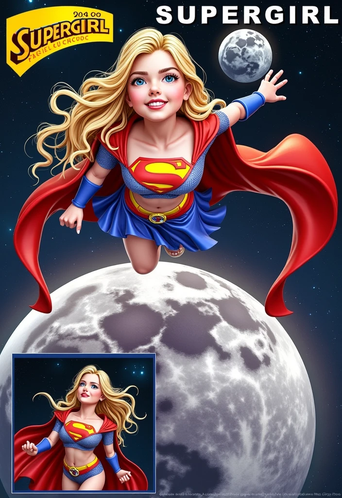 supergirl is flying in the universe, in another frame she is looking at the moon. Pay attention to the background scene, very detailed. (masterpiece, best quality, hires, high resolution: 1.2), (extremely detailed, realistic, intricate details, high resolution), 3d, cg, ((bbw)), glowing skin, blush, eyeliner, ((giant breasts, saggy breasts: 1.1)), (cinematic lighting, sunlight, volumetric), body made, ((perfect split lighting)), (((perfect eyes))). (((detailed eyes))), (god yes),,Altamente detalhado, 8K, fotorrealista, Intrincado, hiper-realista, iluminação claro-escuro, tons de cores quentes, obra de arte, arte de artgerm e greg rutkowski