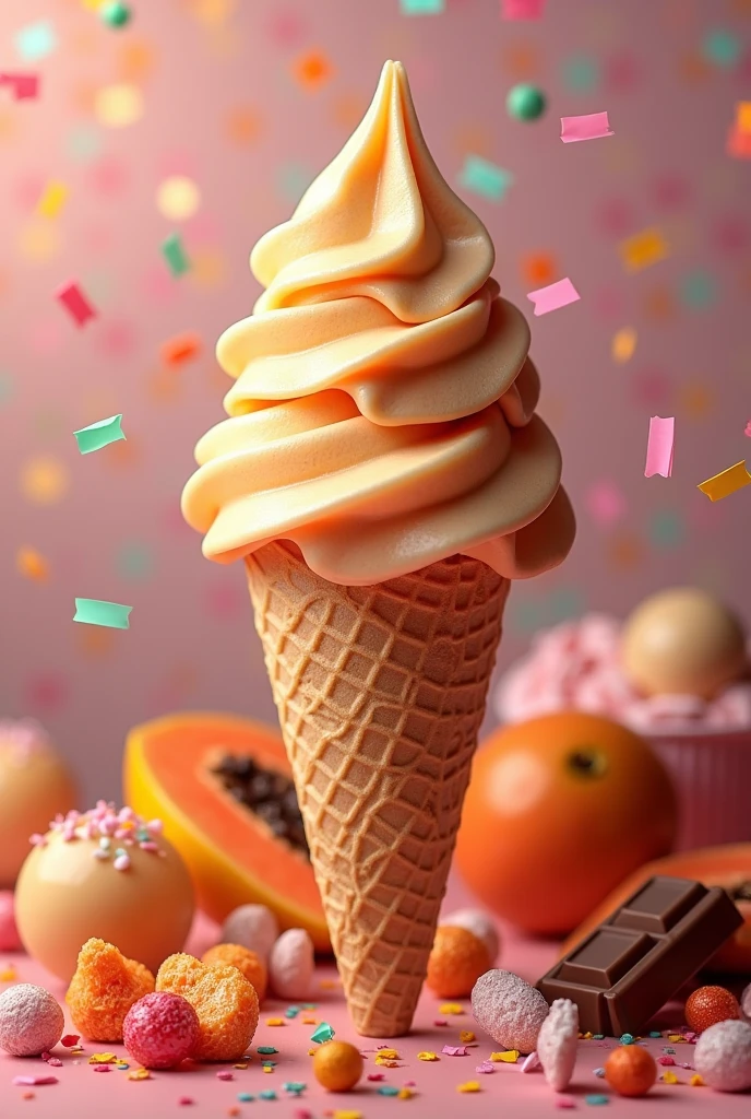 A cone of Italian ice cream flavored with papaya and condensed milk, the background of the image with confetti, Maltine egg, chocolate bar with lots of sweets but no fruit and opening hours until 10pm.