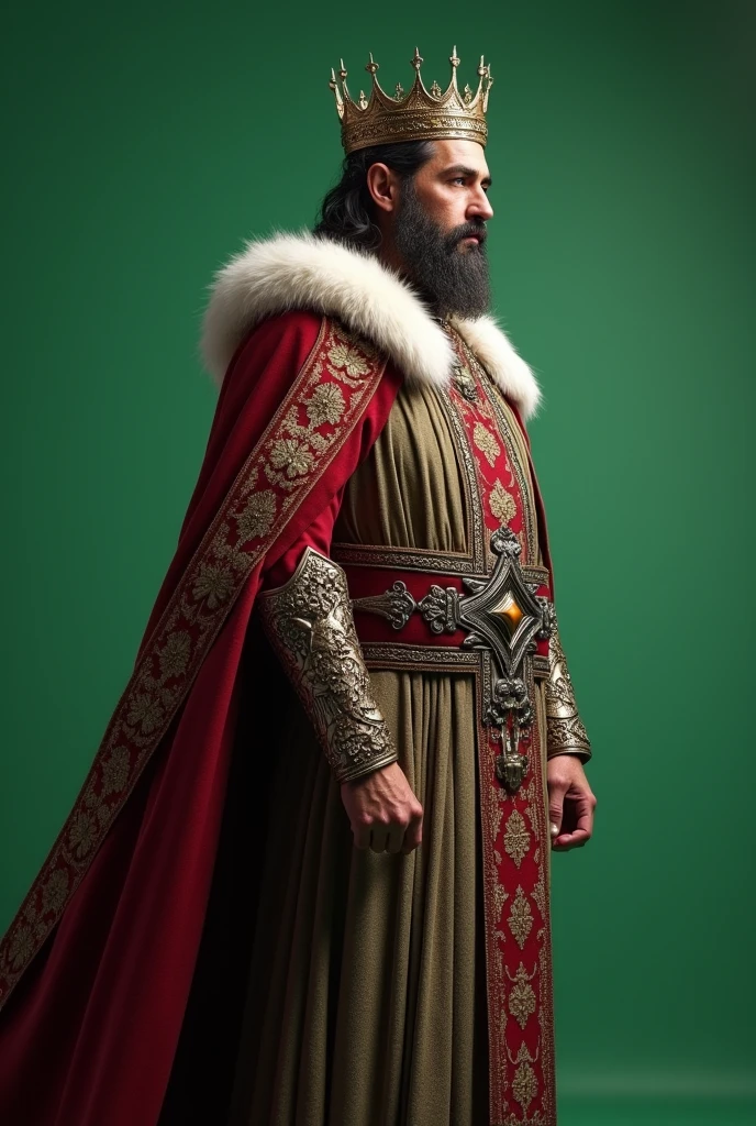 A King, side full viewed , plain green screen background 