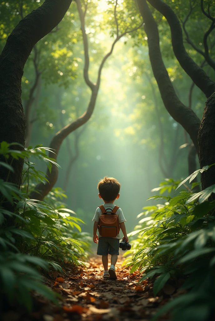 adão, wide-eyed with a mix of curiosity and caution, wandering through the dense forest, camera in tow to document his timid journey, which involves peeking behind trees, tiptoeing over fallen leaves, direct audience perspective, intricate array of foliage overhead, dappled sunlight filtering through the canopy, framed in the artistic styles such as Unreal Engine, Greg Rutkowski, Loish, Rhads,