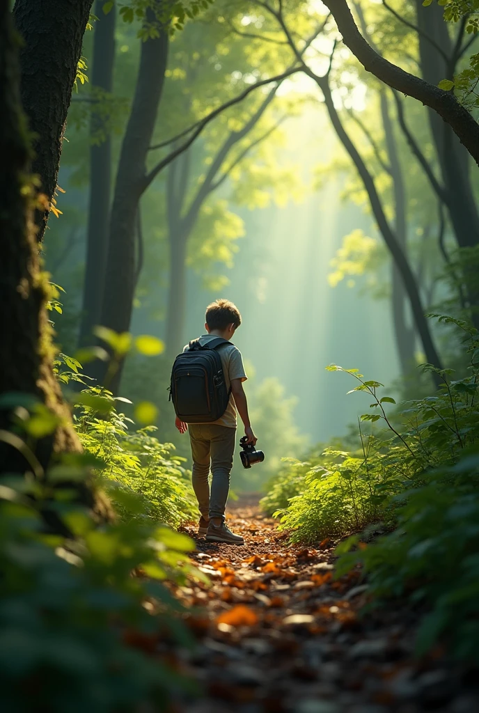 adão, wide-eyed with a mix of curiosity and caution, wandering through the dense forest, camera in tow to document his timid journey, which involves peeking behind trees, tiptoeing over fallen leaves, direct audience perspective, intricate array of foliage overhead, dappled sunlight filtering through the canopy, framed in the artistic styles such as Unreal Engine, Greg Rutkowski, Loish, Rhads,
