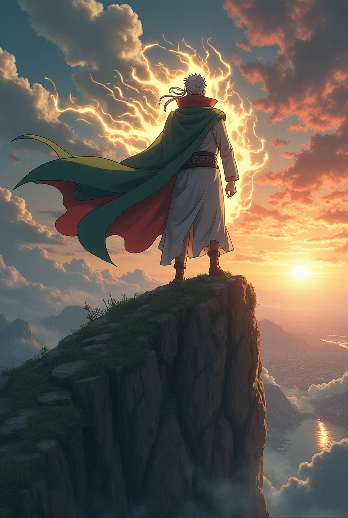 Design a dynamic and awe-inspiring scene featuring **Jiraiya**, the master of Naruto Uzumaki. **Depict Jiraiya standing heroically on a high, rugged cliff, overlooking a vast battlefield or serene landscape.** He should be in his Sage Mode, with his signature frog-inspired attire and a powerful aura of natural energy swirling around him. 

Capture his charismatic and determined expression, reflecting his wisdom and strength. His cloak should be billowing dramatically in the wind, with energy crackling around him, emphasizing his readiness for action. 

The background could include a stormy sky or a vibrant sunset, with distant mountains or a battle scene to frame the moment. Add a caption like “Jiraiya: The Sage’s Legacy of Power and Wisdom” in bold, impactful text at the bottom, underscoring his role as a mentor and a formidable ninja. This design should convey both the grandeur of his character and the respect he commands.