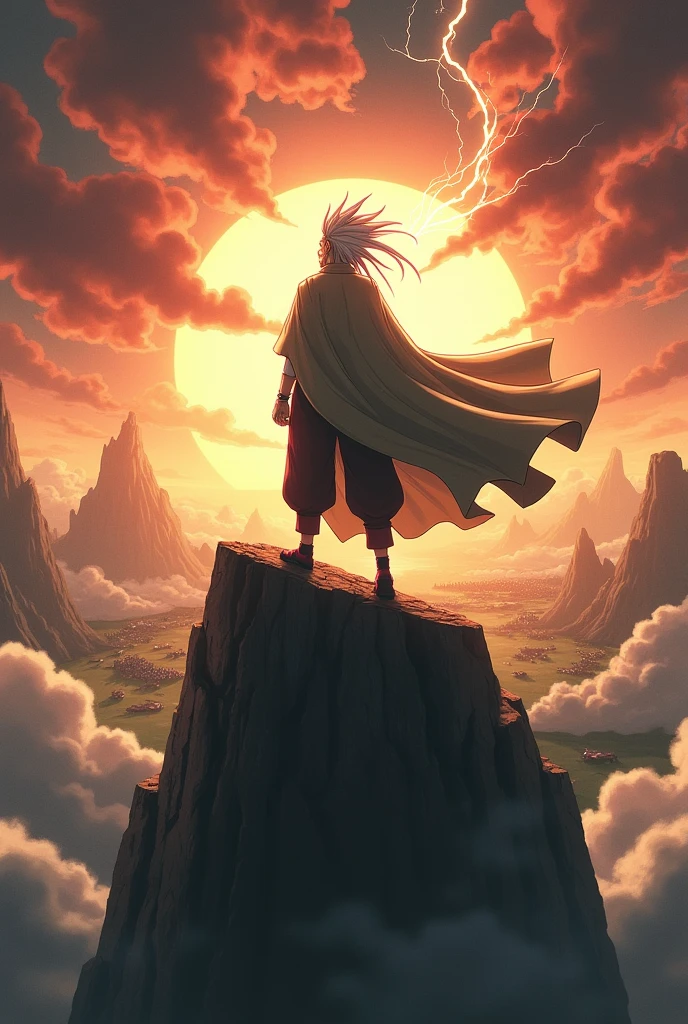 Design a dynamic and awe-inspiring scene featuring **Jiraiya**, the master of Naruto Uzumaki. **Depict Jiraiya standing heroically on a high, rugged cliff, overlooking a vast battlefield or serene landscape.** He should be in his Sage Mode, with his signature frog-inspired attire and a powerful aura of natural energy swirling around him.
Capture his charismatic and determined expression, reflecting his wisdom and strength. His cloak should be billowing dramatically in the wind, with energy crackling around him, emphasizing his readiness for action.
The background could include a stormy sky or a vibrant sunset, with distant mountains or a battle scene to frame the moment. Add a caption like “Jiraiya: The Sage’s Legacy of Power and Wisdom” in bold, impactful text at the bottom, underscoring his role as a mentor and a formidable ninja. This design should convey both the grandeur of his character and the respect he commands.