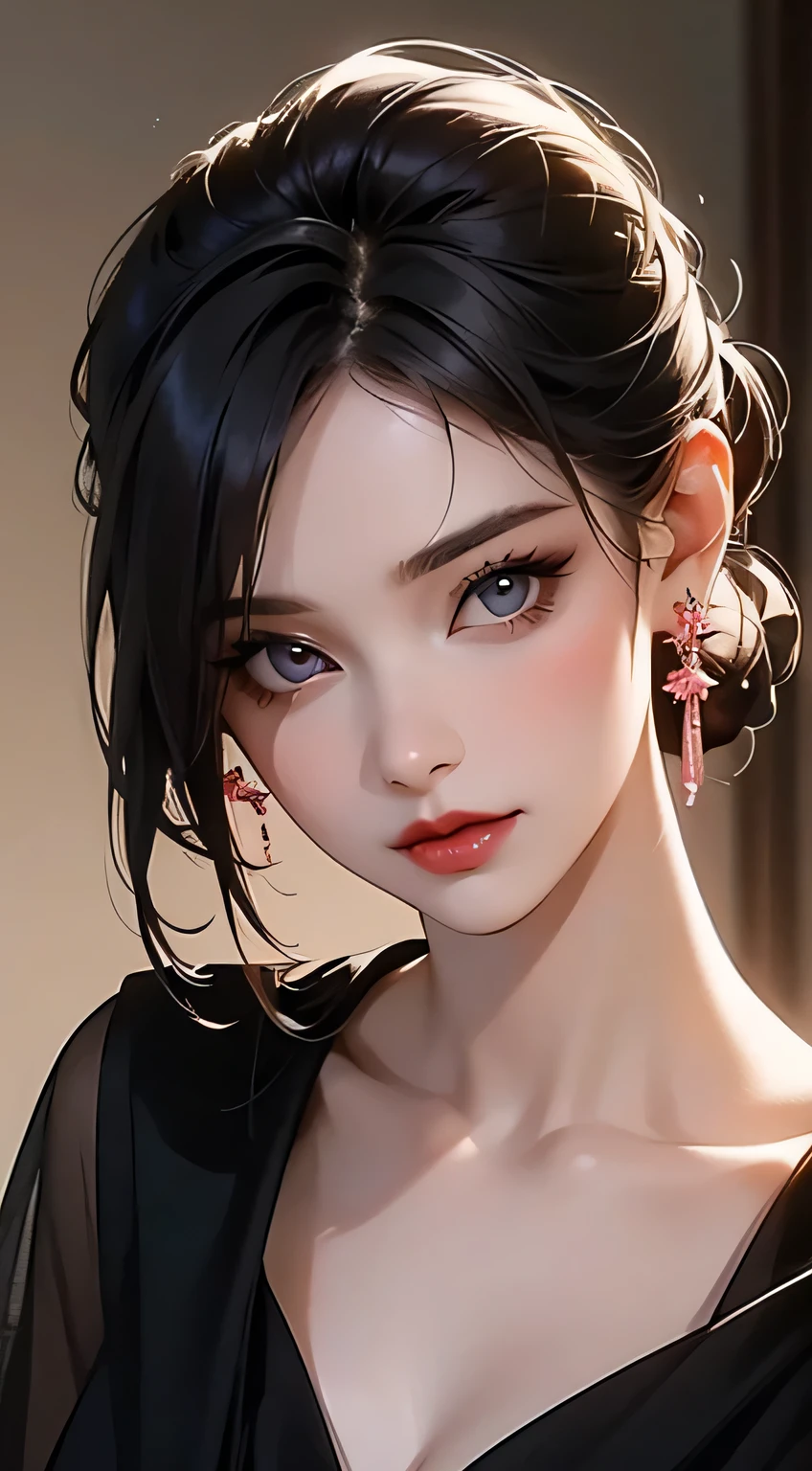 Amazing portrait of a woman who is 30 years old and an adult and a  woman with a beautiful face with beautifully detailed eyes in a  gaze and beautifully detailed lips and extremely detailed eyes and face with long eyelashes with her pale skin turning pink with a smile on her lips with her messy bun hair tied in a black hairband wearing alluring earrings and black v-neck t-shirt emphasizing her long neck and her medium  with  and her captivating demeanor having an enchanting expression and tempting charm with captivating beauty and elegance as she poses seductively with her beguiling presence during night time with soft lighting showcasing her red lips and her beautiful face in detail and close up 