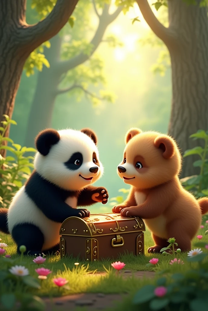 Make a picture of a panda bear and a light brown bear in the forest with a treasure chest The little bears are the same size