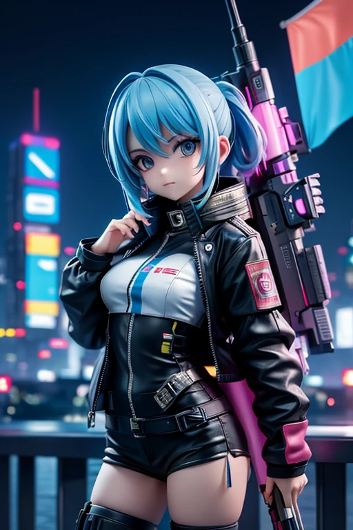 cyberpunk city girl with flag of ukraine.