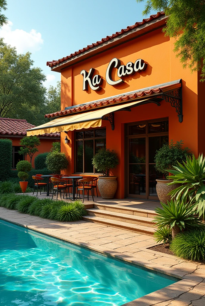 A local African restraunt named ka casa with a lawn outside and a pool with floor level digital signage promoting local businesses