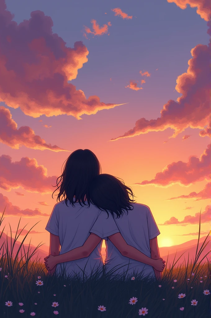 a sky at dusk,with a gradient from pink to orange and yellow, that have clouds that appear to be purple,and you can see the grass with little flowers,now add more details,leave figurative mebos,now add two girls with their backs facing the view so you can&#39;t see their faces,sitting on the grass, holding hands behind their bodies, one has her head lying on the other&#39;s shoulder 