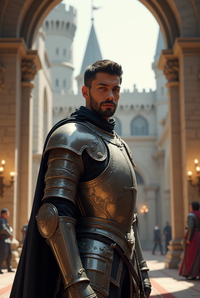 Young man, short hair, black hair, short beard, black beard, perfect body, perfect hands, amor, handsome, (medieval, White, plate, noble), castle, digital art