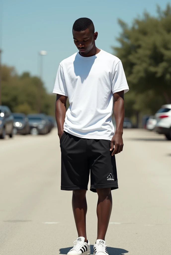 best qualityer:1.4), (ultra high resolution:1.2), (photorrealistic:1.4), (8k, CRU photo:1.2), a thin young man of 20 years old, skin black, with a smooth, beardless face, buzzcut haircut short on the sides and low on top, He is wearing a white short-sleeved shirt. He&#39;s wearing black sweat shorts. He is wearing white Adidas sneakers. It&#39;s in an empty parking lot on a sunny day. There are some trees. is looking down. Corte de cabelo buzzcut 