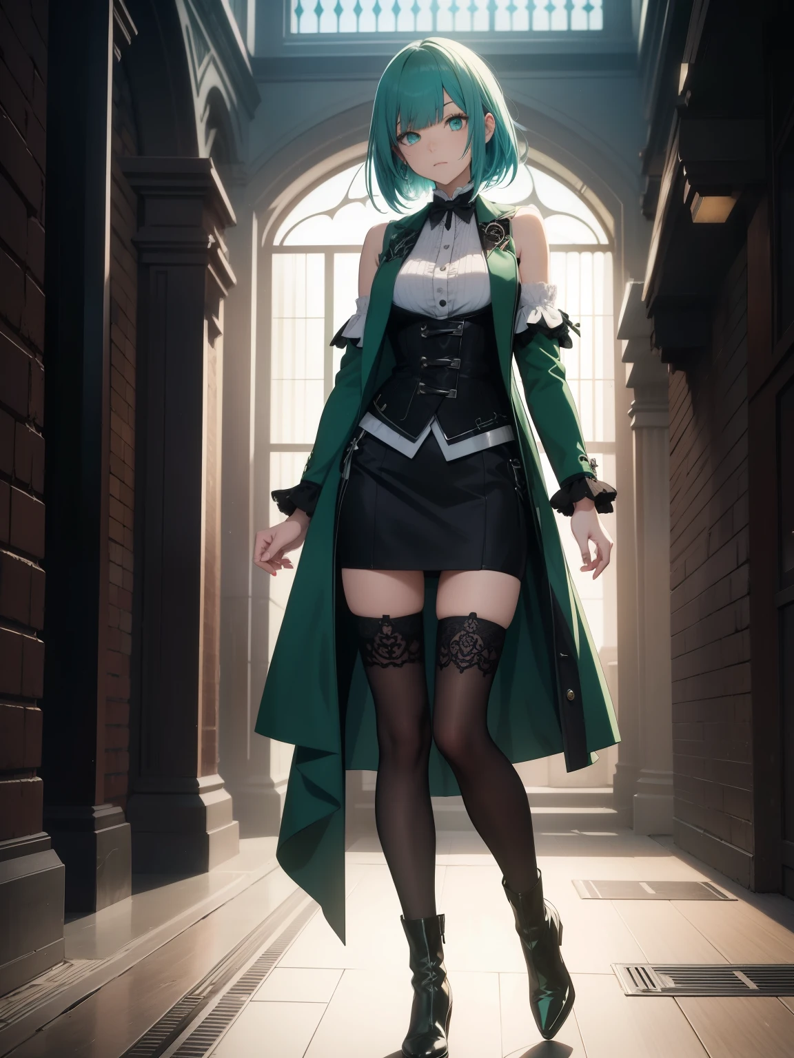 anime female character, shoulder length hair, medium turquoise color hair, bangs, green eyes, vest, boots, full body shot, pose, elegant, bangs, ouji fashion, "Black Butler" inspired outfit., butler outfit, suit, coat, anime, Gothic art, anime, Gothic art, masterpiece, anatomically correct, accurate, high details, highres, 4K, 8K, highres, 1080P, super detail, masterpiece, anatomically correct, 