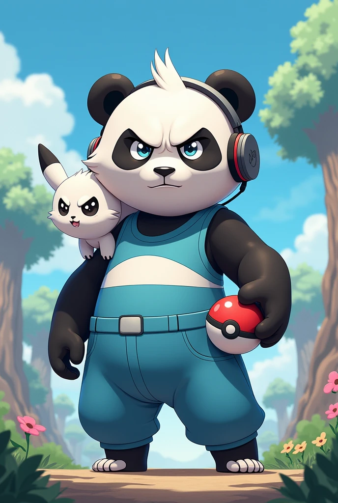 J'aimerais un panda avec un style "humain" se trouvant dans le monde pokemon. Avec un tenue blanc et bleu clair et un casque gaming sur la tête, tous en ayant un ectoplasma de couleur blanche sur l'épaule gauche et une pokeball dans la main droite. Il faudrait qu'il est le visage énervé.