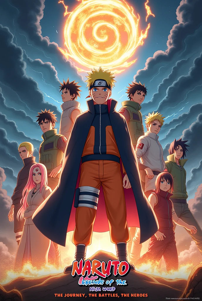 To create a striking poster featuring all the important characters from *Naruto*, consider the following detailed prompt:
**Design a dynamic poster that showcases the key characters from *Naruto* in a grand, epic composition.**
1. **Central Figure**: Place Naruto Uzumaki in his iconic Sage of the Six Paths mode or in his final battle form at the center, emanating a powerful aura with swirling Rasengan or Kurama’s chakra surrounding him. This emphasizes his role as the protagonist and the ultimate hero.
2. **Top Tier**: Position Sasuke Uchiha and Sakura Haruno prominently around Naruto. Sasuke should be depicted in his powerful forms, like the Rinnegan or with his Susanoo activated. Sakura could be shown in a strong stance, perhaps performing a devastating punch or medical jutsu.
3. **Middle Tier**: Include other significant characters such as Kakashi Hatake, Jiraiya, and Tsunade Senju. Kakashi can be depicted with his Sharingan activated, Jiraiya in Sage Mode, and Tsunade showcasing her superhuman strength.
4. **Background**: Create a backdrop of a dramatic, swirling energy field or a stylized depiction of Konoha with a blend of stormy skies, lightning, and vibrant colors to enhance the epic feel of the poster.
5. **Supporting Characters**: Arrange additional key figures like Hinata Hyuga, Shikamaru Nara, and Gaara around the edges, in dynamic poses or action stances that reflect their strengths and roles in the series.
6. **Text**: At the top, add the title “Naruto: Legends of the Ninja World” in bold, striking font. Include a tagline at the bottom like “The Journey, The Battles, The Heroes” to capture the essence of the series.
Use vibrant colors, dramatic lighting, and detailed illustrations to ensure that the poster conveys the grandeur and energy of *Naruto*, making it visually engaging and impactful.