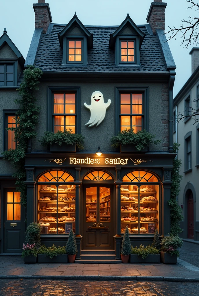 Generate an image of a bakery with cobblestone streets that says unhealthy bakery with this logo ghost 👻