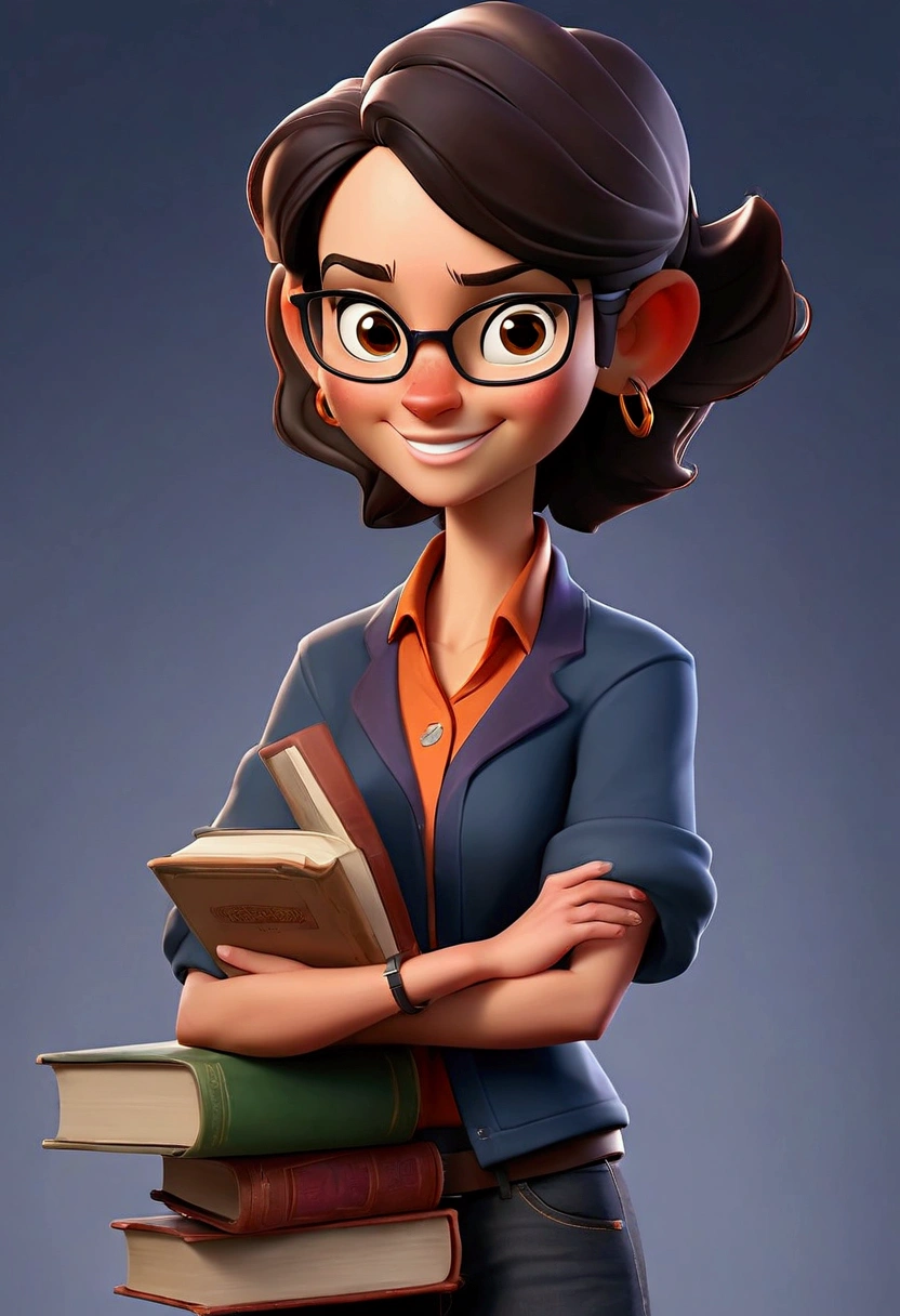 Full body female avatar, teacher holding books, glasses on face with corners pulled out , captivating smile, age 45 years, full face with teeth showing in the mouth, jeans, sports shoes, glare eyes, dark hair tied, orange t-shirt with a dark navy blue lab coat over it, 3 rings aligned on the ear , small ear dark brown eyes shoulder length hair tied up.
