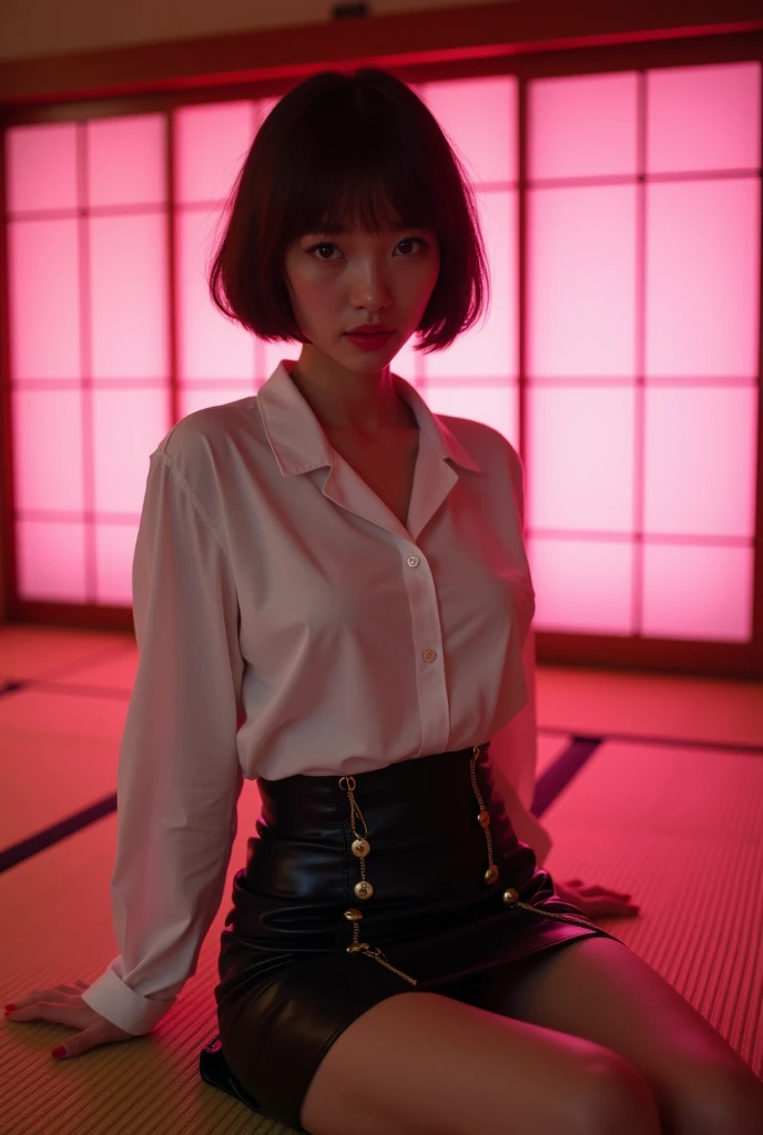 ((Japanese actress)) ((Plump and glossy lips)) Big Breasts ((Short brown hair with bangs)) ((Looking into the camera)) Sit with your legs apart ((White button shirt and black enamel tight skirt)) Low angle shot of a person standing facing forward Looking down ((A bedroom with shoji screens and tatami tatami lit up with pink neon lights))