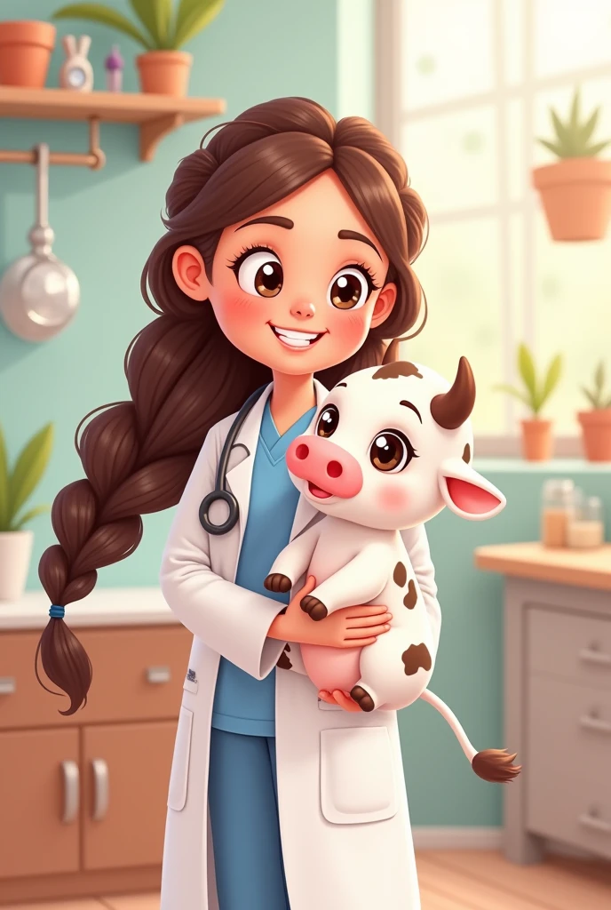 Create a cartoon drawing of a veterinarian with long braided hair , white skin and a baby cow 