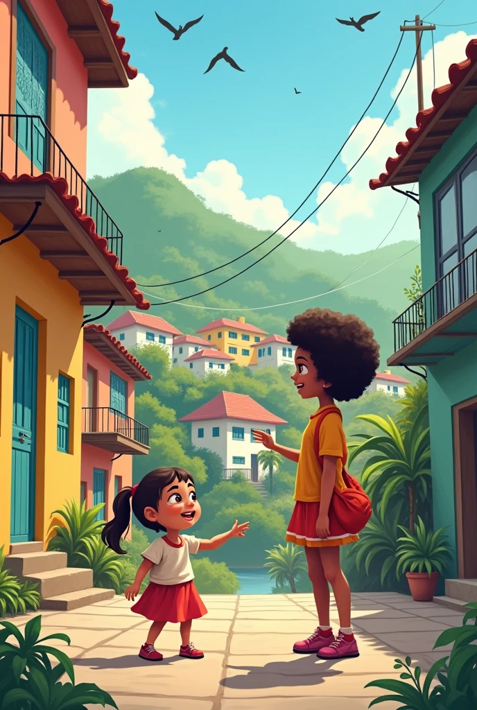 The scene begins with Maria Victoria, a 2 year old, full of energy and curiosity, playing in front of a typical house in Morro da Formiga, in the Tijuca neighborhood, Rio de Janeiro. She is standing, With a mischievous grin, while looking at Berenice, a tall, slender lady of 6, which is right next door. Berenice, with a friendly and talkative expression, seems to be in the middle of an animated story, gesturing with your hands to emphasize your words.
Ao fundo, you can see the hill of Morro da Formiga, with its colorful houses climbing the hillside, surrounded by greenery. The sky is clear, and some birds fly away, adding a touch of serenity to the scene. The street is quiet, paved, with details that evoke the charm of the Rio neighborhood.
Each verse of the poem is represented in a subtle way:
1. **"Alice, Alice":** Maria Victoria may be pointing to Berenice, as if calling her or drawing her attention to something that reminds her of "Alice".
2. **"Who said it?":** Berenice has a questioning look, as if she were asking or responding to someone who said something about her.
3. **"That Berenice":** Berenice herself is at the center of the action, being the main character of the scene.
4. **"Just chattering":** Berenice is excitedly telling a story, perhaps exaggerating the details, what makes Maria Victoria laugh or listen carefully.
The illustration is colorful and vibrant, capturing the spirit of the neighborhood and the special relationship between Maria Victoria and Berenice, highlighting the vibrancy and energy of the community.