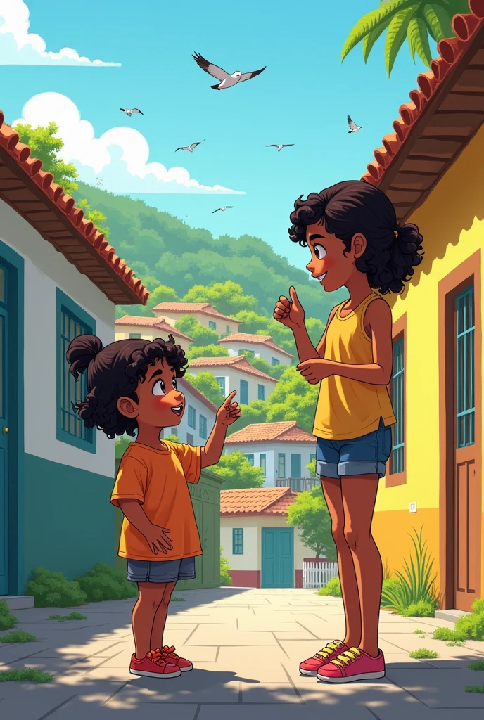 The scene begins with Maria Victoria, a 2 year old, full of energy and curiosity, playing in front of a typical house in Morro da Formiga, in the Tijuca neighborhood, Rio de Janeiro. She is standing, With a mischievous grin, while looking at Berenice, a tall, slender lady of 6, which is right next door. Berenice, with a friendly and talkative expression, seems to be in the middle of an animated story, gesturing with your hands to emphasize your words.
Ao fundo, you can see the hill of Morro da Formiga, with its colorful houses climbing the hillside, surrounded by greenery. The sky is clear, and some birds fly away, adding a touch of serenity to the scene. The street is quiet, paved, with details that evoke the charm of the Rio neighborhood.
Each verse of the poem is represented in a subtle way:
1. **"Alice, Alice":** Maria Victoria may be pointing to Berenice, as if calling her or drawing her attention to something that reminds her of "Alice".
2. **"Who said it?":** Berenice has a questioning look, as if she were asking or responding to someone who said something about her.
3. **"That Berenice":** Berenice herself is at the center of the action, being the main character of the scene.
4. **"Just chattering":** Berenice is excitedly telling a story, perhaps exaggerating the details, what makes Maria Victoria laugh or listen carefully.
The illustration is colorful and vibrant, capturing the spirit of the neighborhood and the special relationship between Maria Victoria and Berenice, highlighting the vibrancy and energy of the community.