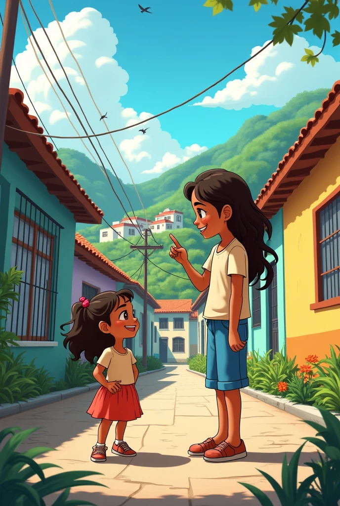 The scene begins with Maria Victoria, a 2 year old, full of energy and curiosity, playing in front of a typical house in Morro da Formiga, in the Tijuca neighborhood, Rio de Janeiro. She is standing, With a mischievous grin, while looking at Berenice, a tall, slender lady of 6, which is right next door. Berenice, with a friendly and talkative expression, seems to be in the middle of an animated story, gesturing with your hands to emphasize your words.
Ao fundo, you can see the hill of Morro da Formiga, with its colorful houses climbing the hillside, surrounded by greenery. The sky is clear, and some birds fly away, adding a touch of serenity to the scene. The street is quiet, paved, with details that evoke the charm of the Rio neighborhood.
Each verse of the poem is represented in a subtle way:
1. **"Alice, Alice":** Maria Victoria may be pointing to Berenice, as if calling her or drawing her attention to something that reminds her of "Alice".
2. **"Who said it?":** Berenice has a questioning look, as if she were asking or responding to someone who said something about her.
3. **"That Berenice":** Berenice herself is at the center of the action, being the main character of the scene.
4. **"Just chattering":** Berenice is excitedly telling a story, perhaps exaggerating the details, what makes Maria Victoria laugh or listen carefully.
The illustration is colorful and vibrant, capturing the spirit of the neighborhood and the special relationship between Maria Victoria and Berenice, highlighting the vibrancy and energy of the community.