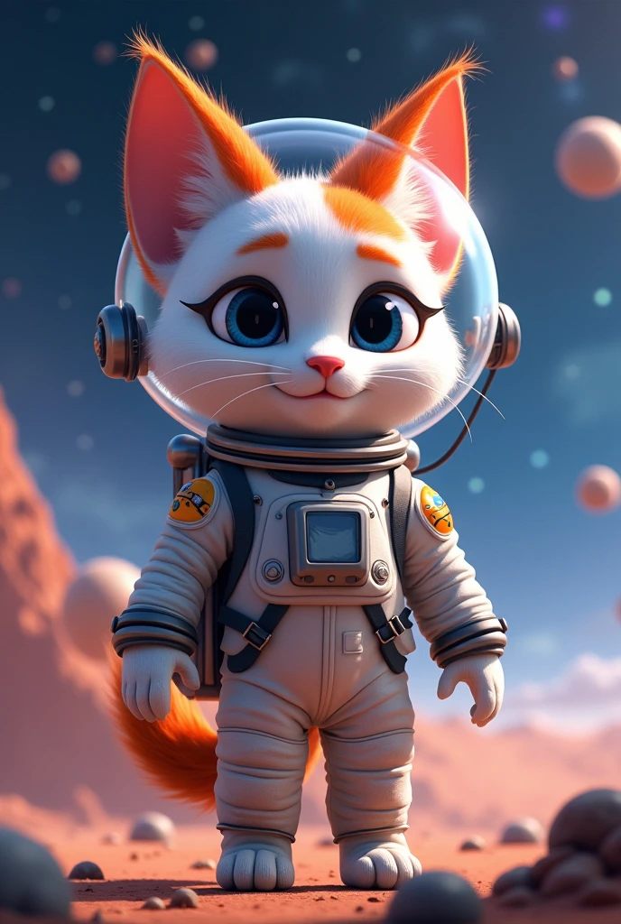 Create a Zootopia-style image of a white cat, orange-eared, with orange spots on the face and between the ears, orange tailed, dressed in astronaut clothing