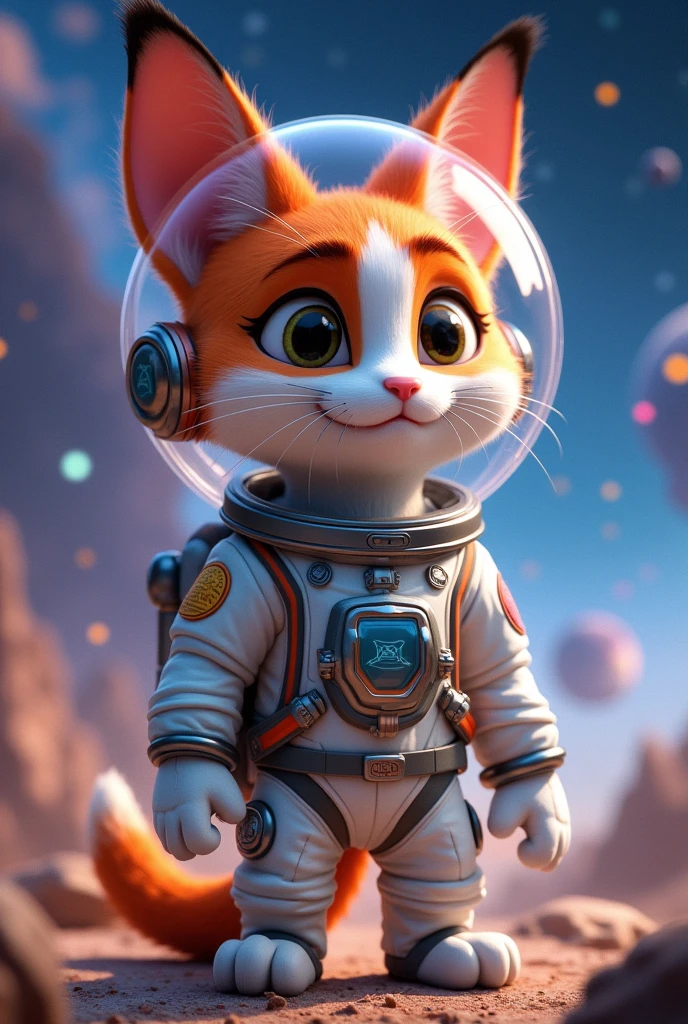 Create a Zootopia-style image of a white cat, orange-eared, with orange spots on the face and between the ears, orange tailed, dressed in astronaut clothing 