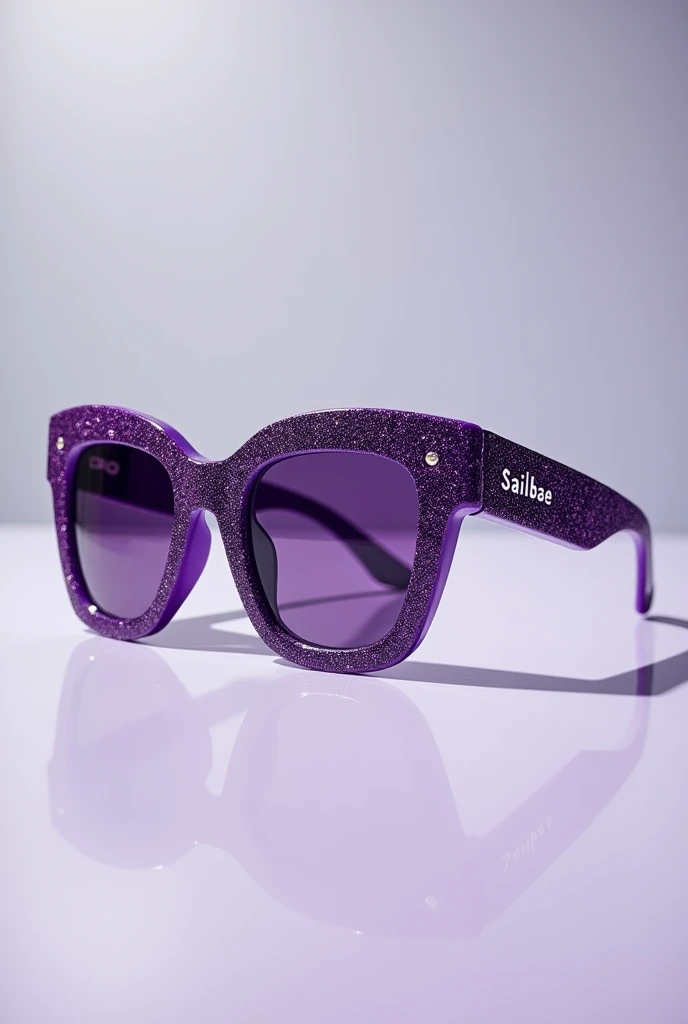 A dark purple shiny glittery glasses with a disco ball, "Sailbae" brand sign is on it. Make the photo looks like it's on a shopping site, with a white or grey background. Also the shape is supposed to be more square ans squeezed. Write a "Sailbae" on jt with a brand sign