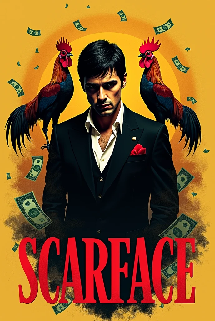 Logo that says Scarface, a handsome mobster man with a bad face, gold-colored splashed background and two crestless roosters, money and include red color too