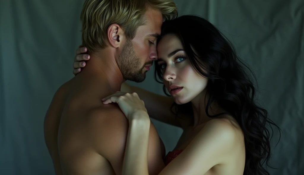 a beautiful woman with long black hair and blue eyes, her lover with blonde hair, muscular body and brown eyes, dramatic tragic scene, (best quality,4k,8k,highres,masterpiece:1.2),ultra-detailed,(realistic,photorealistic,photo-realistic:1.37),dramatic lighting,cinematic composition,muted color palette,melancholic atmosphere,emotional expression,intricate details,stunning realism,dramatic pose,beautiful face,elegant hairstyle,well-defined muscles,piercing eyes,romantic embrace,soulful gaze,sorrowful mood,emotional intensity,high contrast,dramatic shadows,cinematic lighting