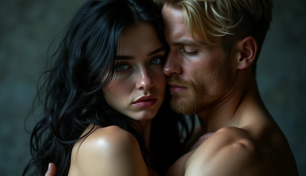 a beautiful woman with long black hair and blue eyes, her lover with blonde hair, muscular body and brown eyes, dramatic tragic scene, (best quality,4k,8k,highres,masterpiece:1.2),ultra-detailed,(realistic,photorealistic,photo-realistic:1.37),dramatic lighting,cinematic composition,muted color palette,melancholic atmosphere,emotional expression,intricate details,stunning realism,dramatic pose,beautiful face,elegant hairstyle,well-defined muscles,piercing eyes,romantic embrace,soulful gaze,sorrowful mood,emotional intensity,high contrast,dramatic shadows,cinematic lighting