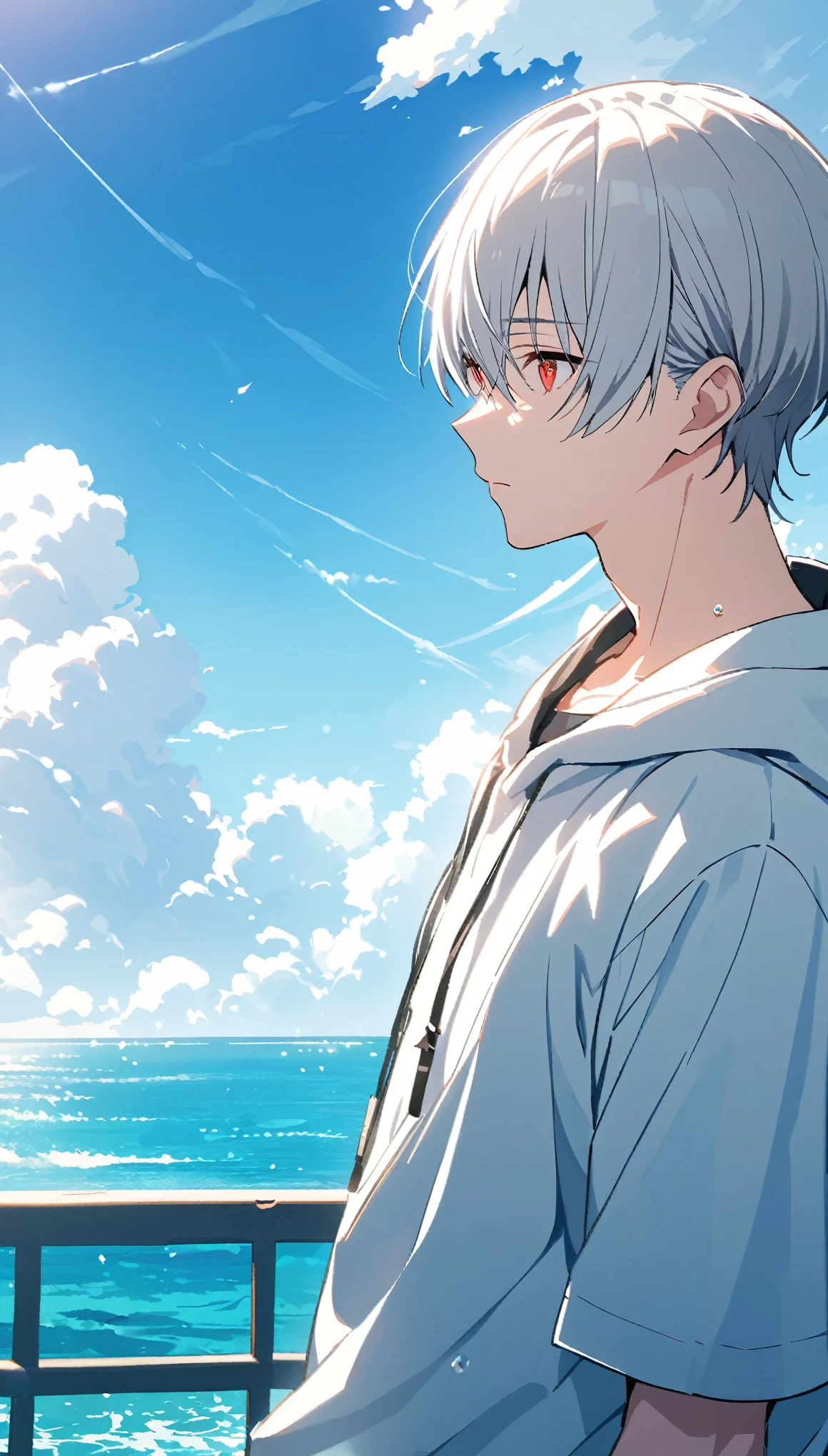 good looking, alone, 1 male, Gray Hair, Red eyes, shirt, Black and white hooded, noon, White Light,cute目,Short hairstyle,cute,Falling from the sky,綺麗なsummerの空,Lots of white clouds,summer,Ocean,Glittering scenery,bright,Blue sky,looking at the camera