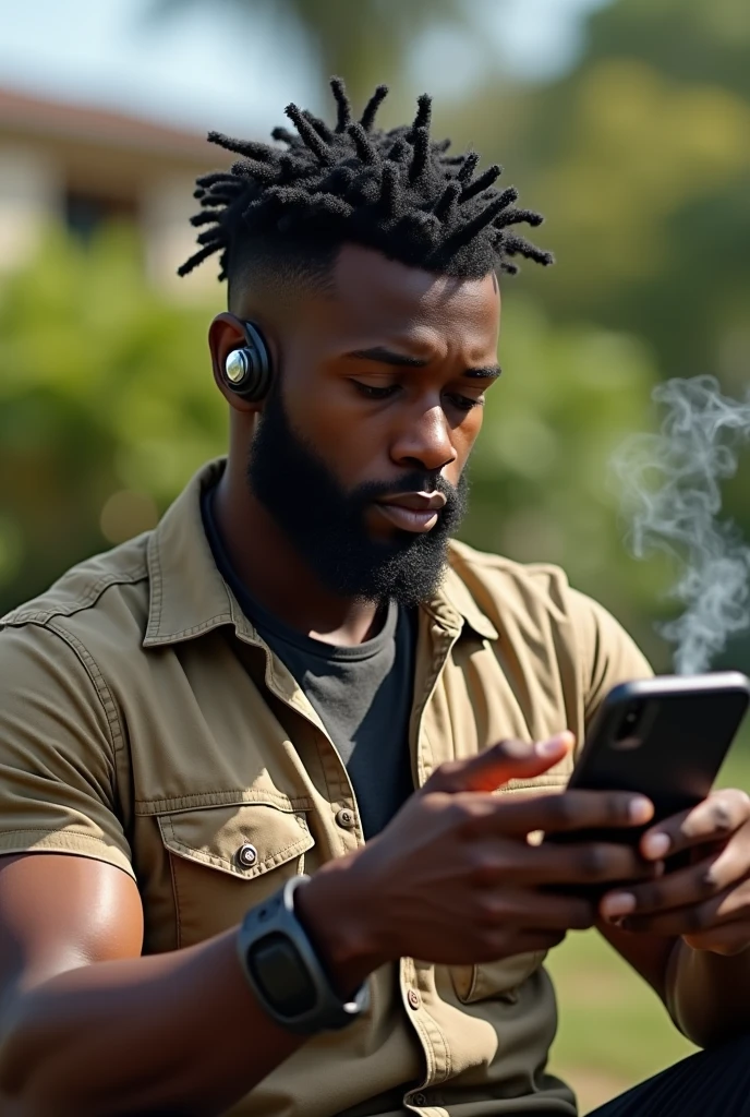 Black boy play PUBG mobile out side to home the boy is so rich and body builder and he have airpod pro and he smoking ganja the phone is iphone pro max