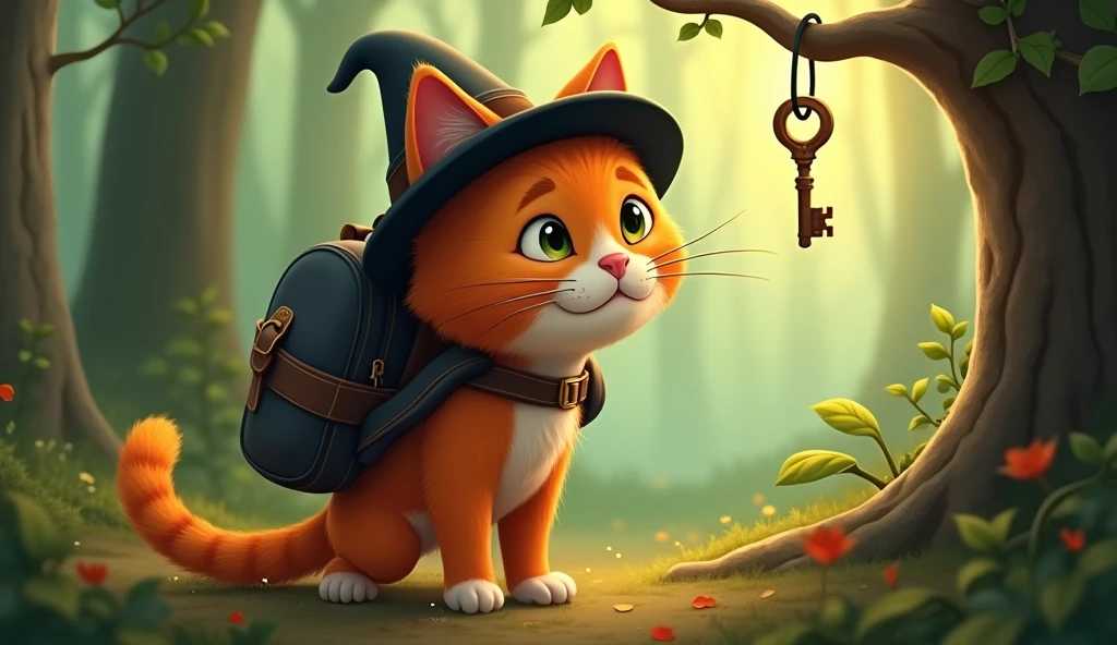 Whiskers  orange cat  with black hat and backpack ventured into the forest behind his house find a key hanging from a branch 