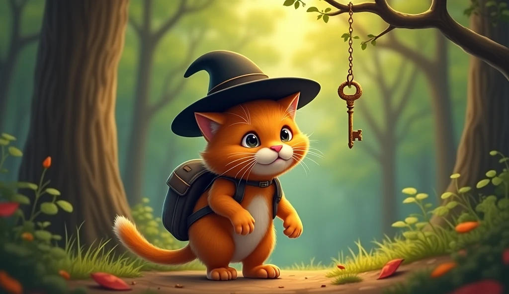 Whiskers  orange cat  with black hat and backpack ventured into the forest behind his house find a key hanging from a branch 