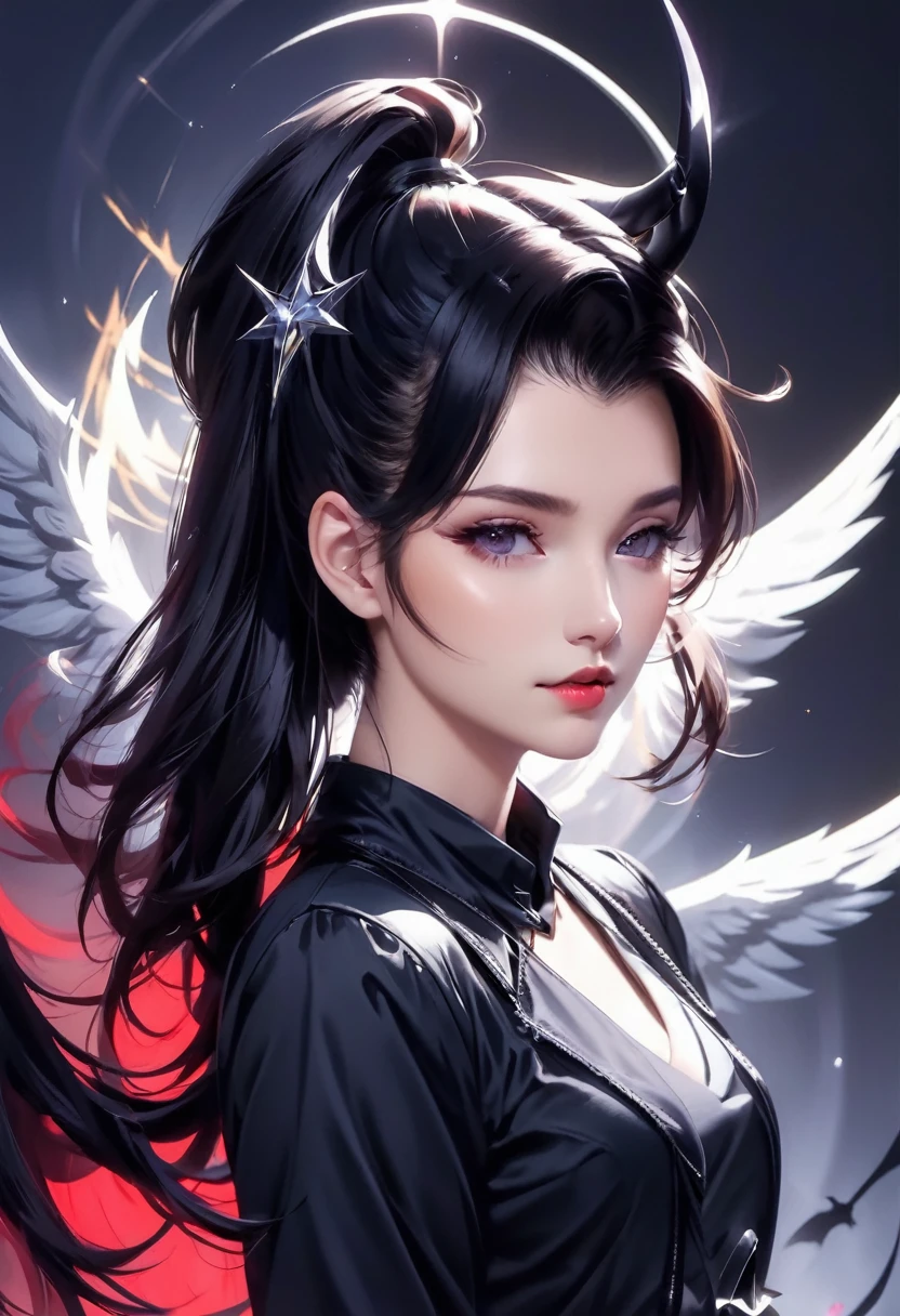 black hair, Short ponytail, Widow's Peak, Angel Halo, Devil's Horn, multicolored eyes, pointed ears, smile, young man, concept art, realism, chiaroscuro, Anatomically correct, textured skin