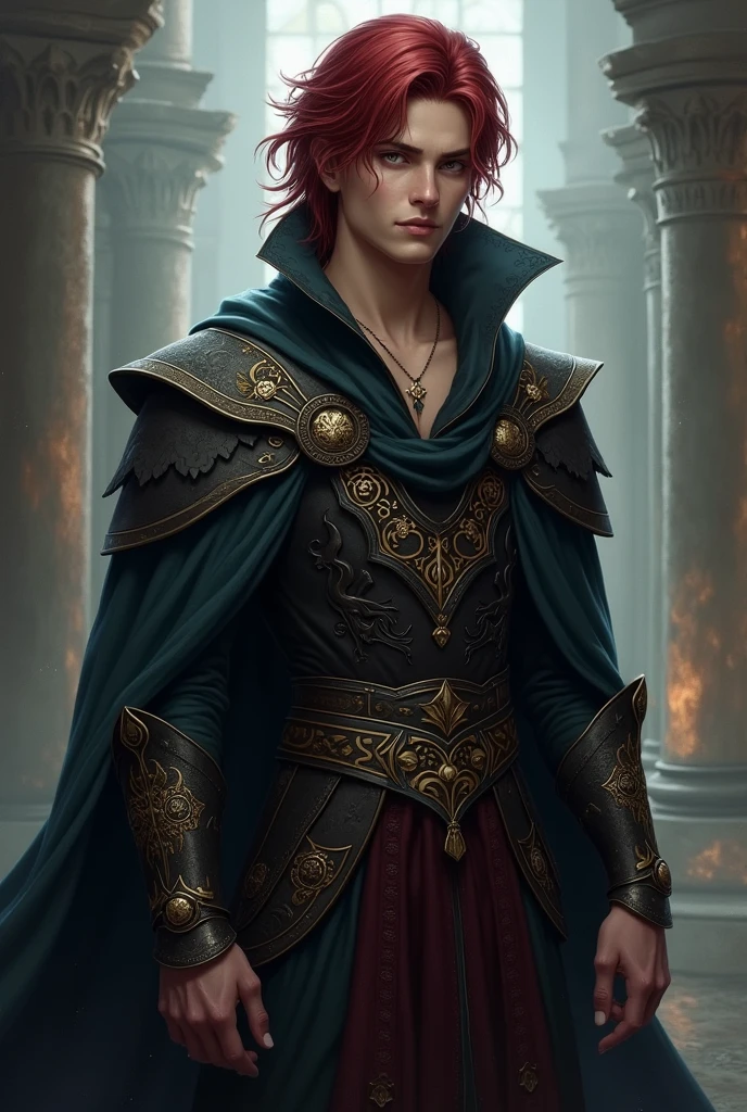a young man in his twenties, he is from fantasy world, he is king of death, he is tall and skinny but very athletic, he has middle lenght dark red hair and deep jet black eyes, he’s race is white, he is handsome, very beautiful, , breathtaking beautiful he is real king amazing and brave, strong masculine man, angel of death beauty